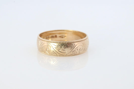 9k Wide Band. 9k / 10k Wide Floral engraved band. Made in London UK England 1994
