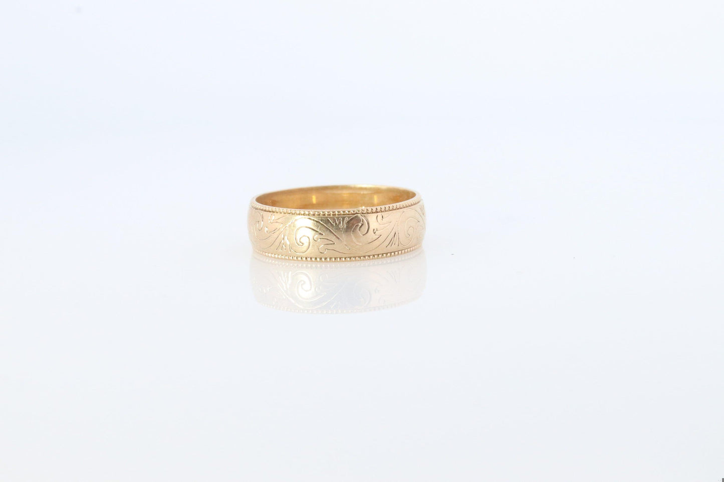 9k Wide Band. 9k / 10k Wide Floral engraved band. Made in London UK England 1994