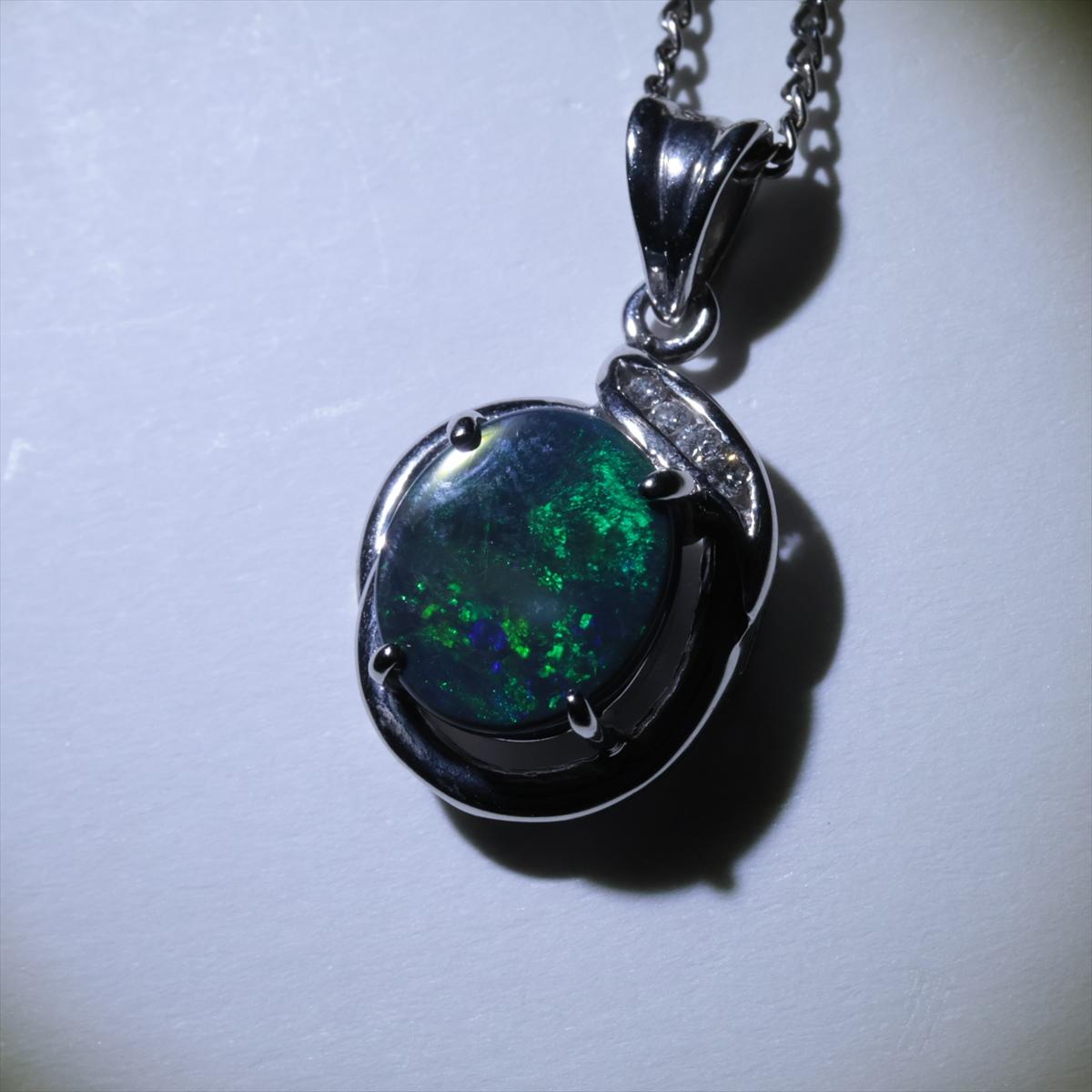 Black Opal Diamond Pendant. PT900 Platinum Opal Diamond Halo Pendant Necklace.