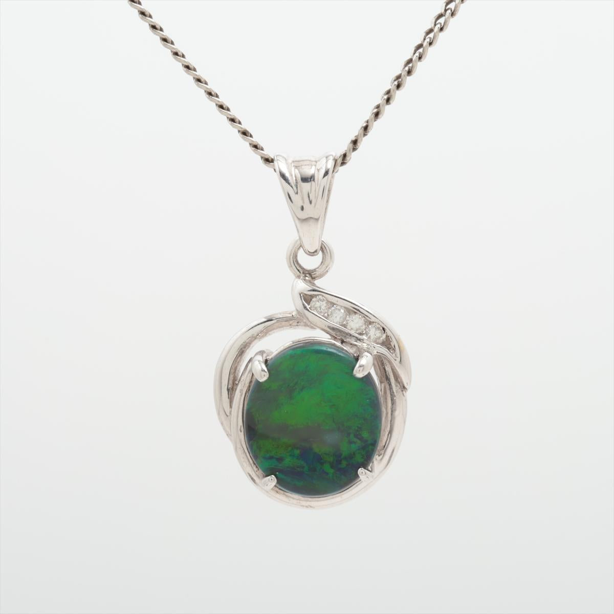 Black Opal Diamond Pendant. PT900 Platinum Opal Diamond Halo Pendant Necklace.