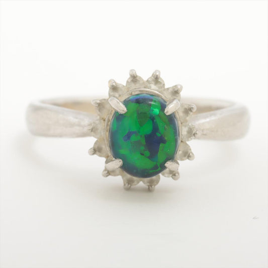 Black Opal Diamond Ring. PT900 Platinum Opal Diamond Halo Solitaire Ring Band.