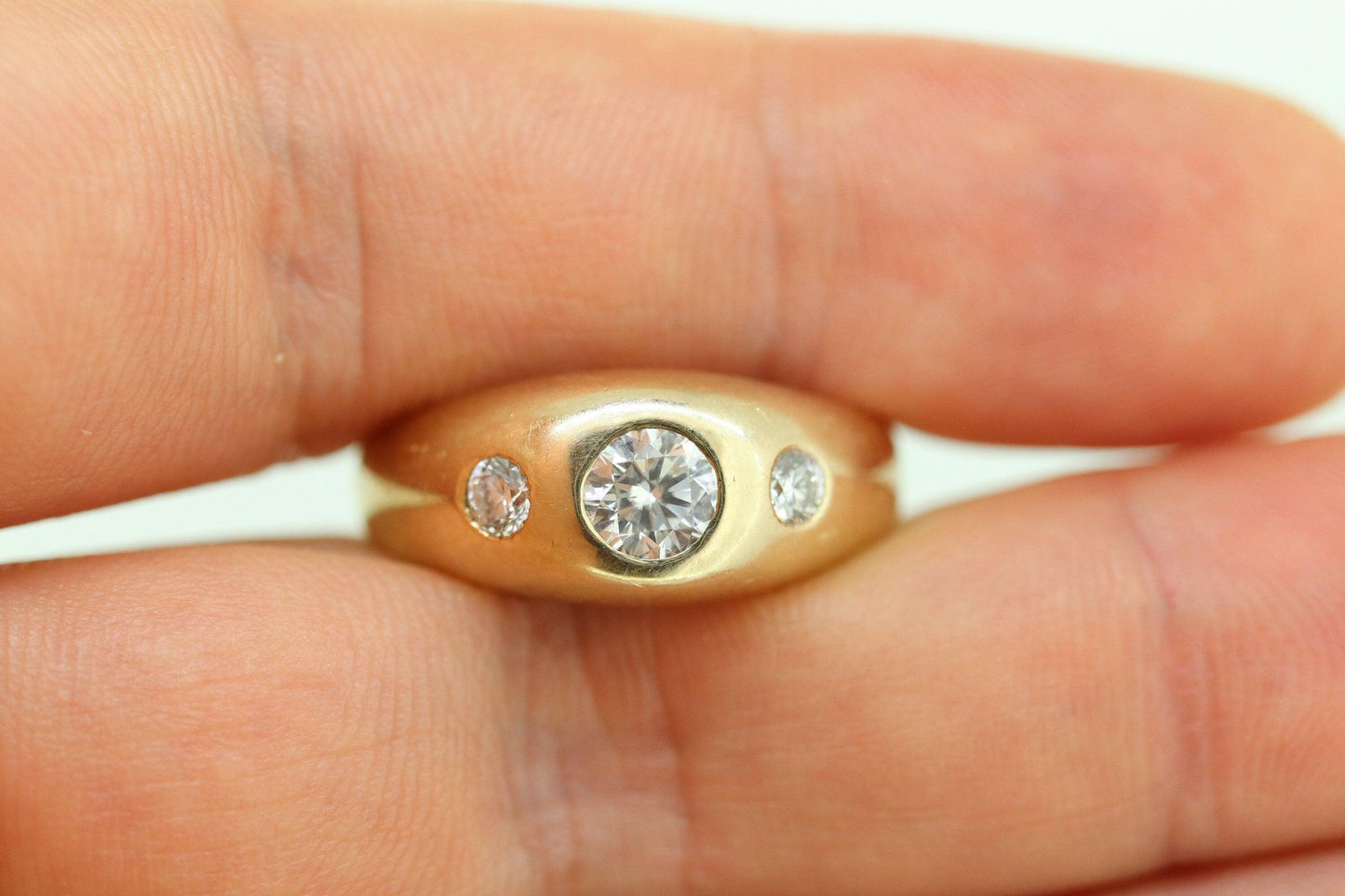Antique 14k Triple Diamond 1ctw ring. Gypsy Diamond bezel set into Signet band.