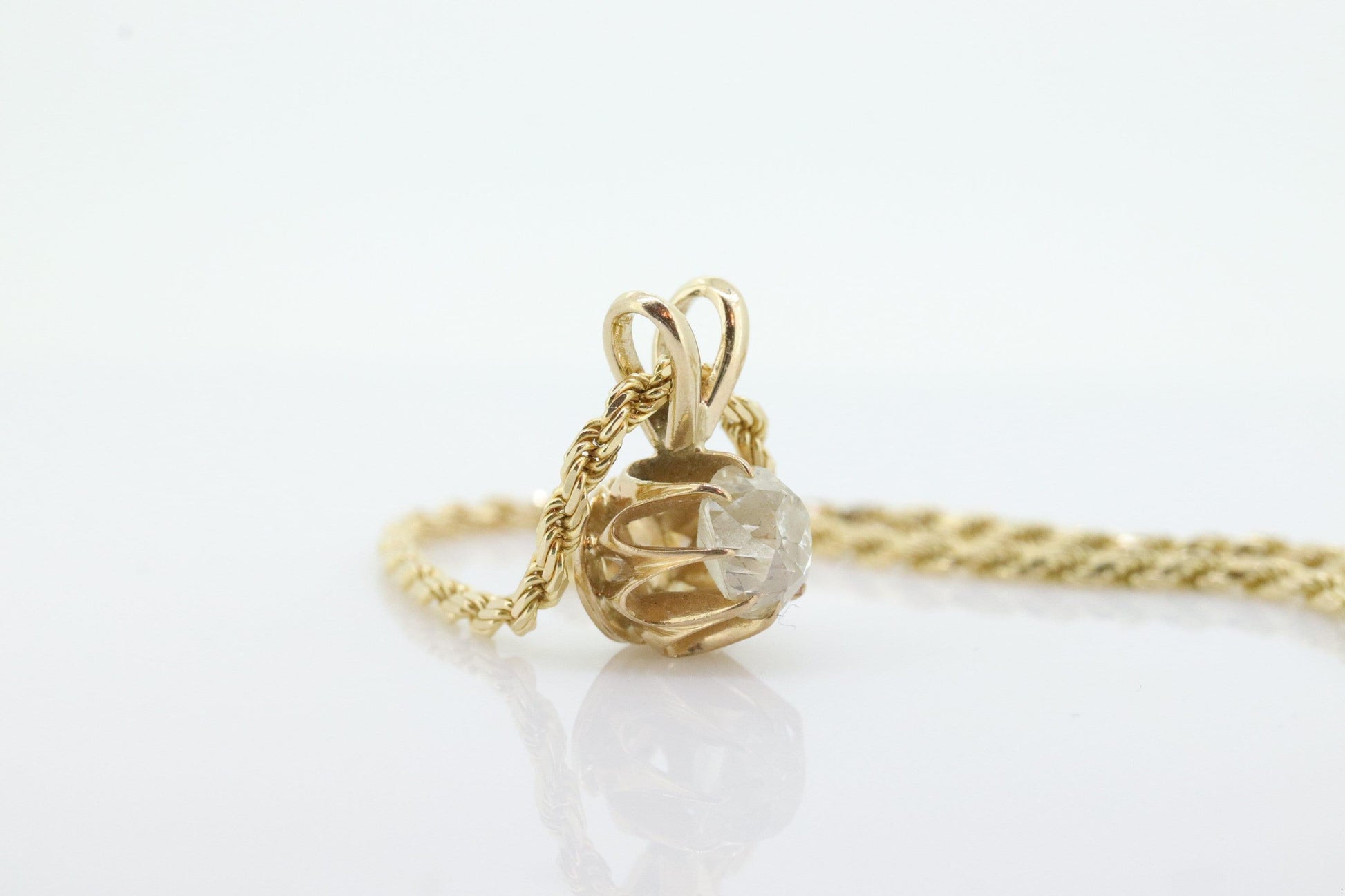 Antique Diamond solitaire pendant Buttercup setting. 14k Gold OLD Mine Diamond