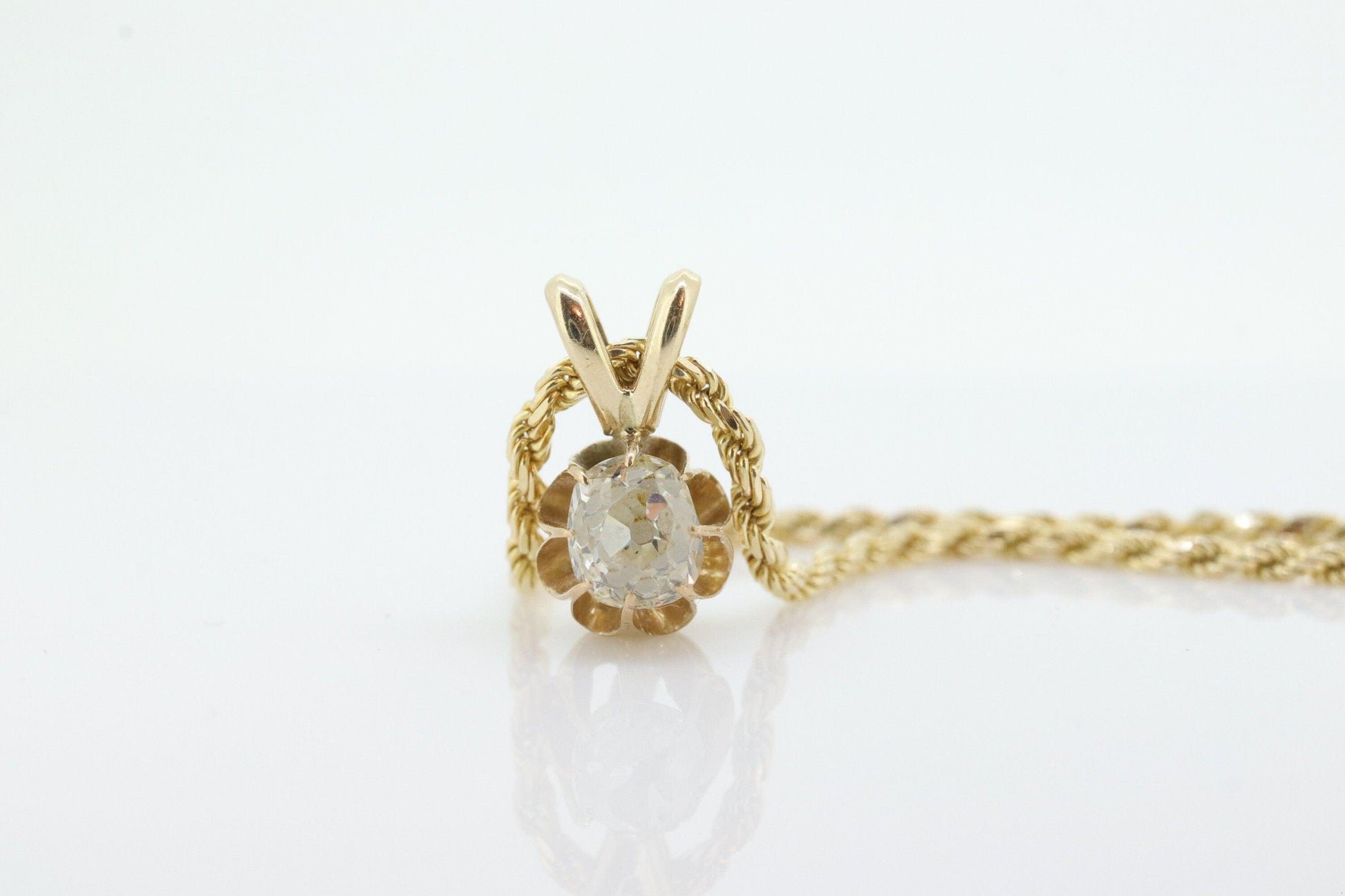 Antique Diamond solitaire pendant Buttercup setting. 14k Gold OLD Mine Diamond