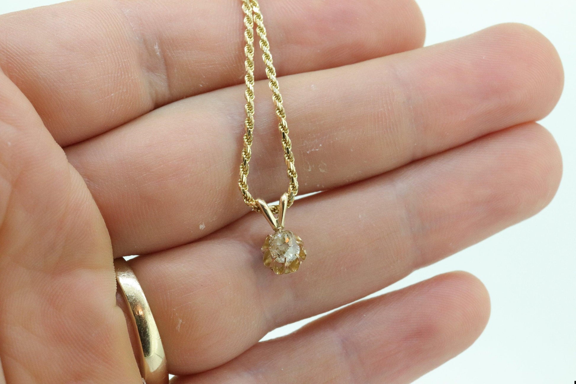 Antique Diamond solitaire pendant Buttercup setting. 14k Gold OLD Mine Diamond