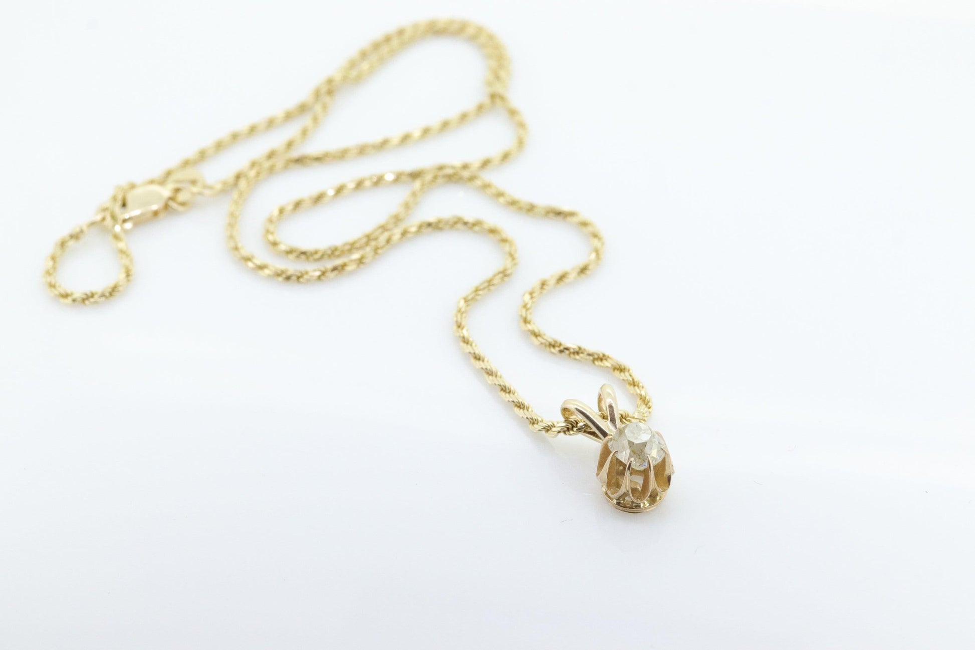 Antique Diamond solitaire pendant Buttercup setting. 14k Gold OLD Mine Diamond