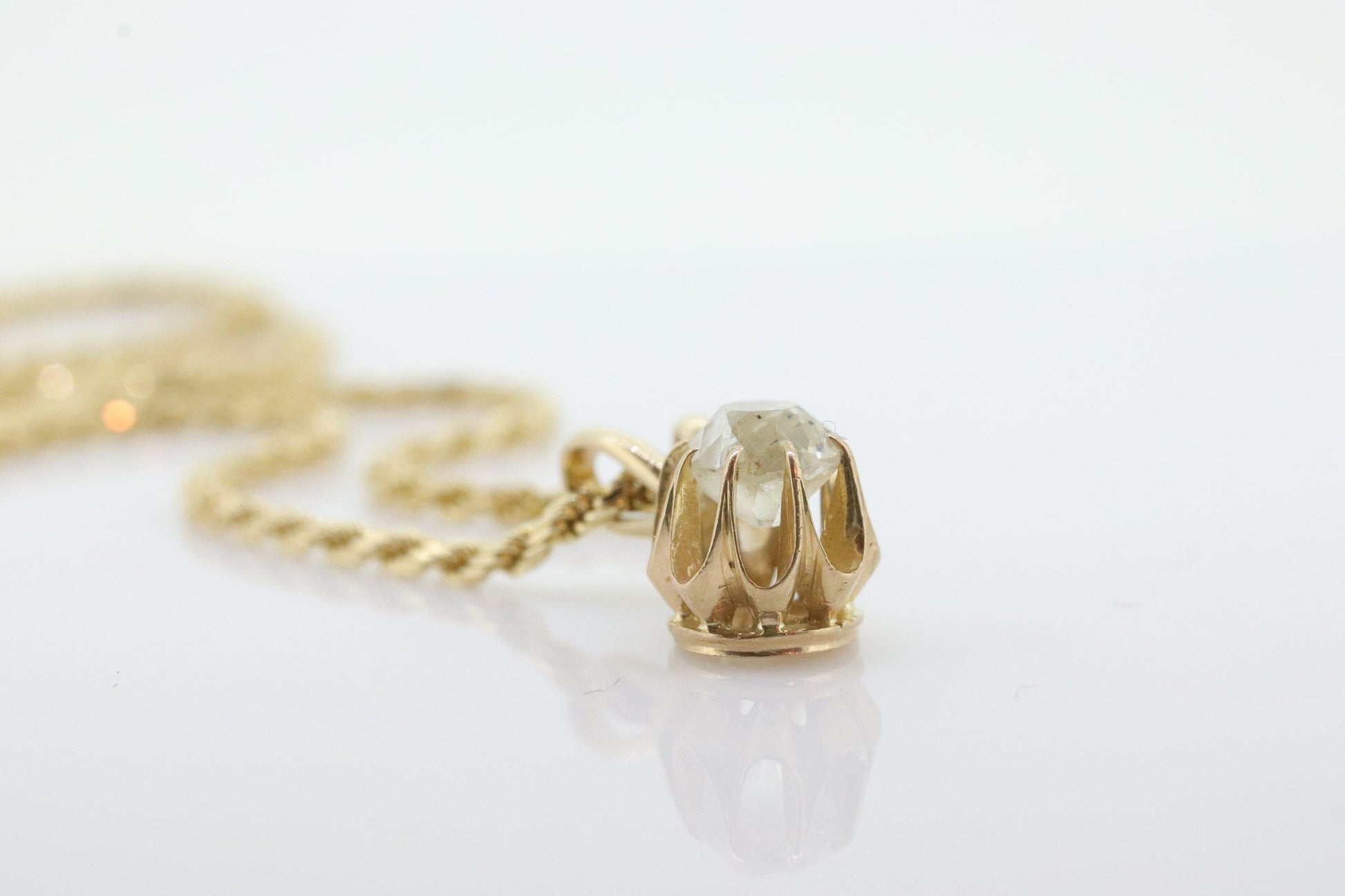 Antique Diamond solitaire pendant Buttercup setting. 14k Gold OLD Mine Diamond
