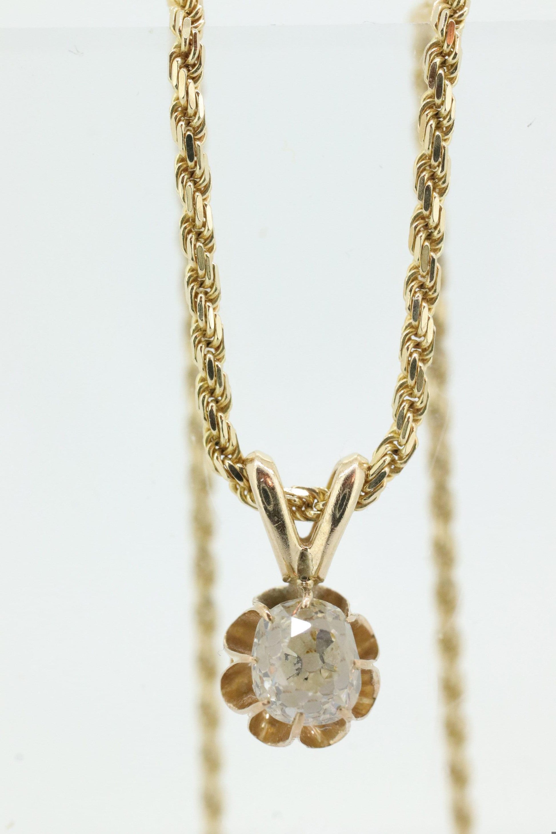 Antique Diamond solitaire pendant Buttercup setting. 14k Gold OLD Mine Diamond