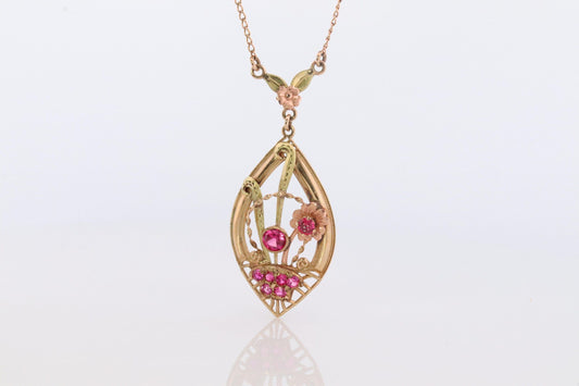 Antique Victorian Lavaliere Pendant Necklace. 10k Rose and Yellow Gold with Rubi