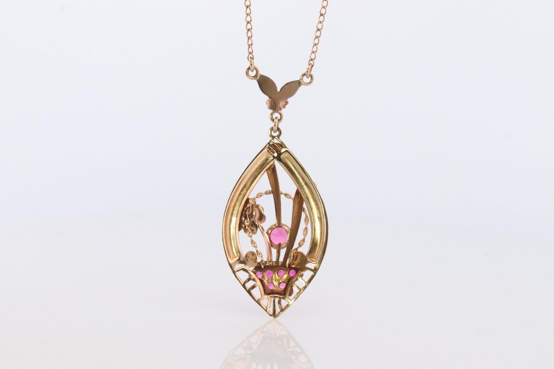 Antique Victorian Lavaliere Pendant Necklace. 10k Rose and Yellow Gold with Rubi