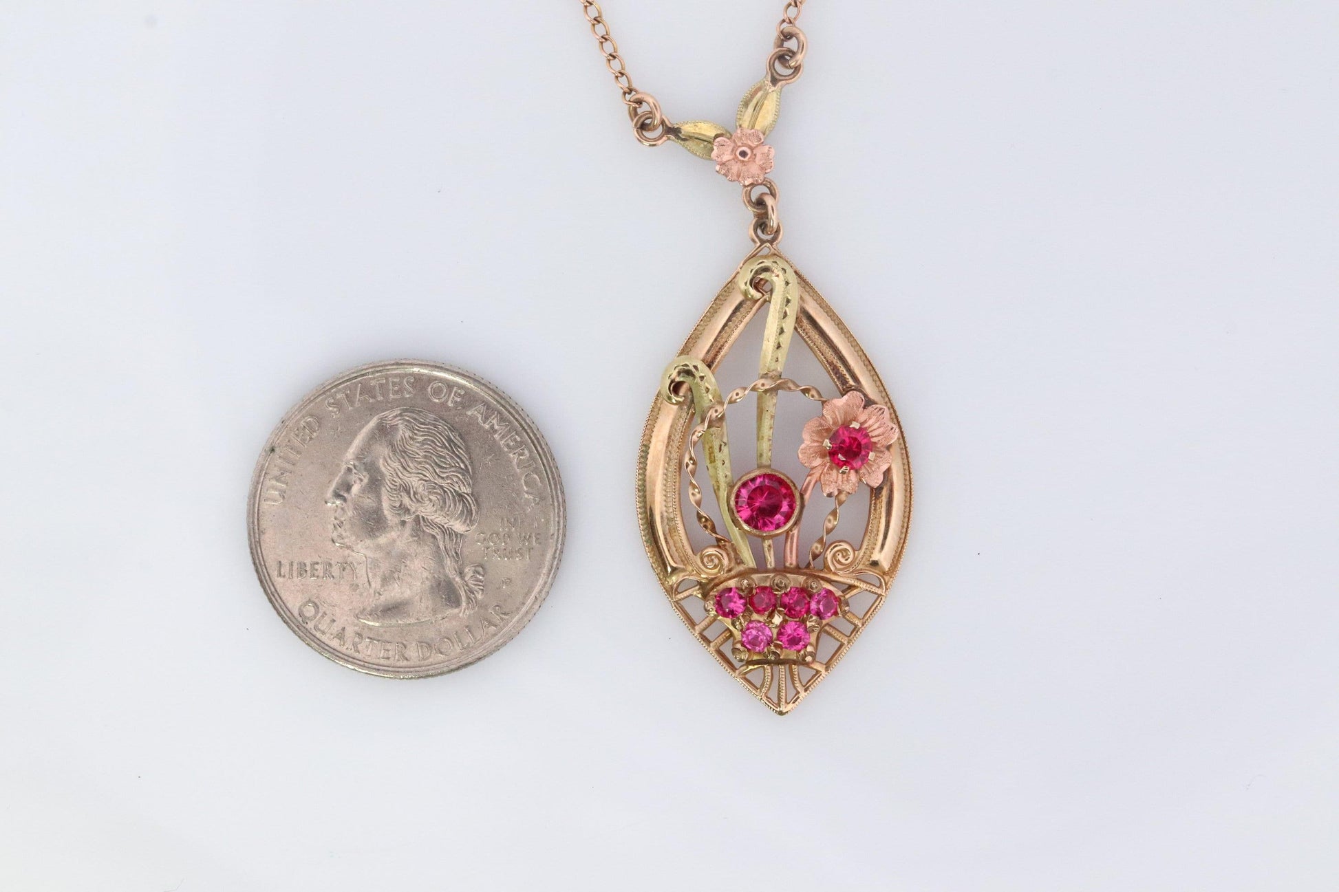Antique Victorian Lavaliere Pendant Necklace. 10k Rose and Yellow Gold with Rubi