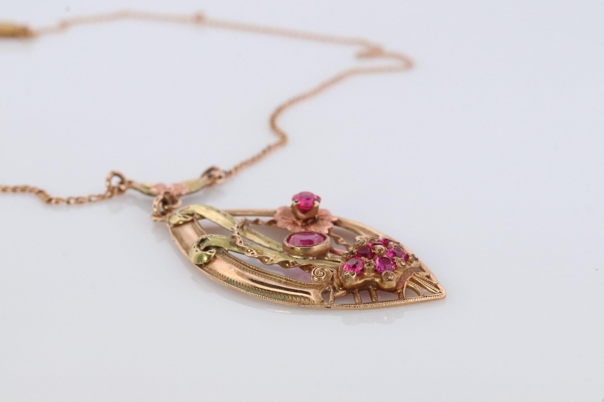 Antique Victorian Lavaliere Pendant Necklace. 10k Rose and Yellow Gold with Rubi