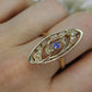 14k Antique shield ring. Sapphire pearl seed. Gold Filigree Open scroll ring.