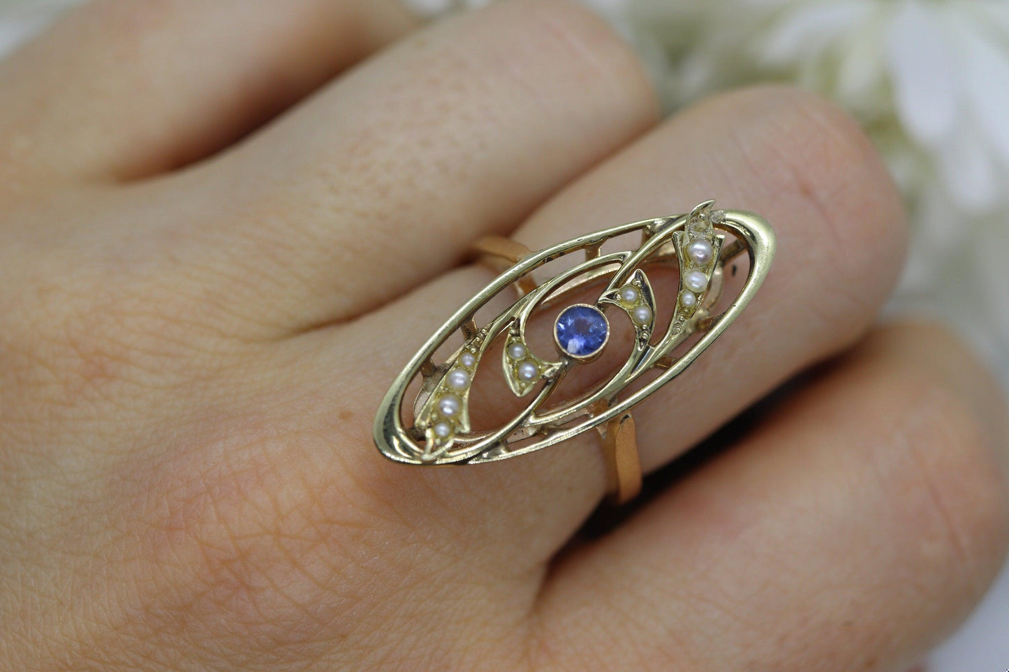 14k Antique shield ring. Sapphire pearl seed. Gold Filigree Open scroll ring.