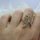 14k Antique shield ring. Sapphire pearl seed. Gold Filigree Open scroll ring.