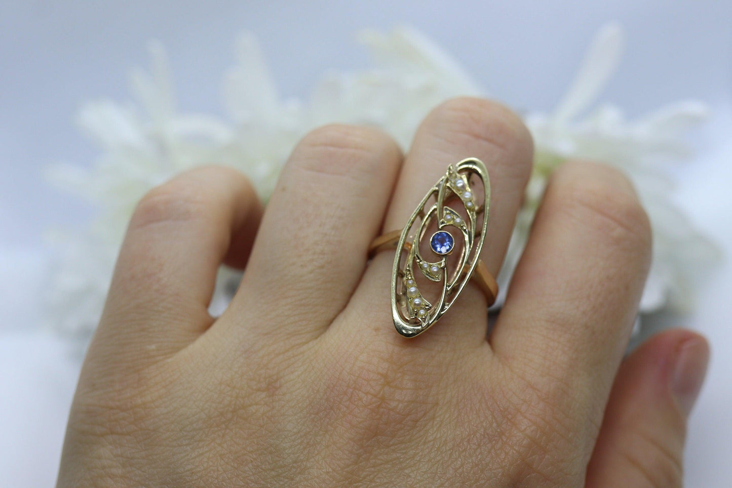 14k Antique shield ring. Sapphire pearl seed. Gold Filigree Open scroll ring.