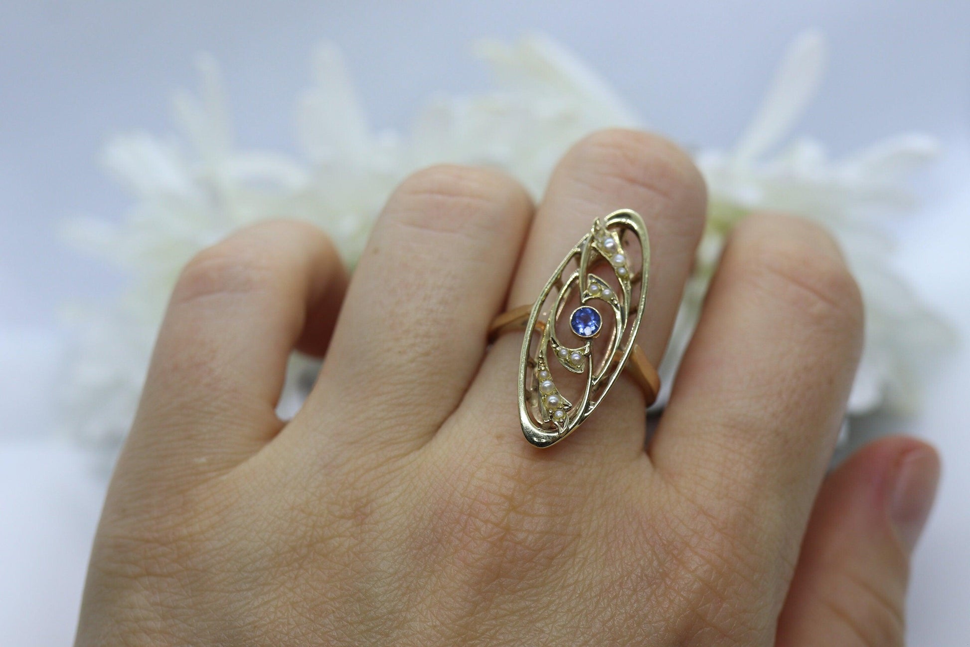 14k Antique shield ring. Sapphire pearl seed. Gold Filigree Open scroll ring.