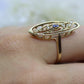 14k Antique shield ring. Sapphire pearl seed. Gold Filigree Open scroll ring.