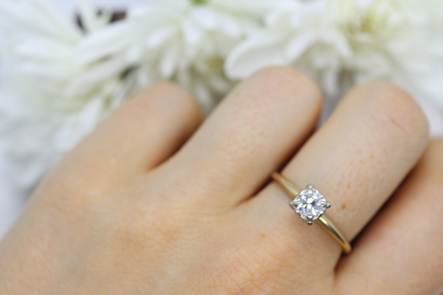 Art Deco Diamond Solitaire Square setting Ring. 14k Gold European Cut diamond