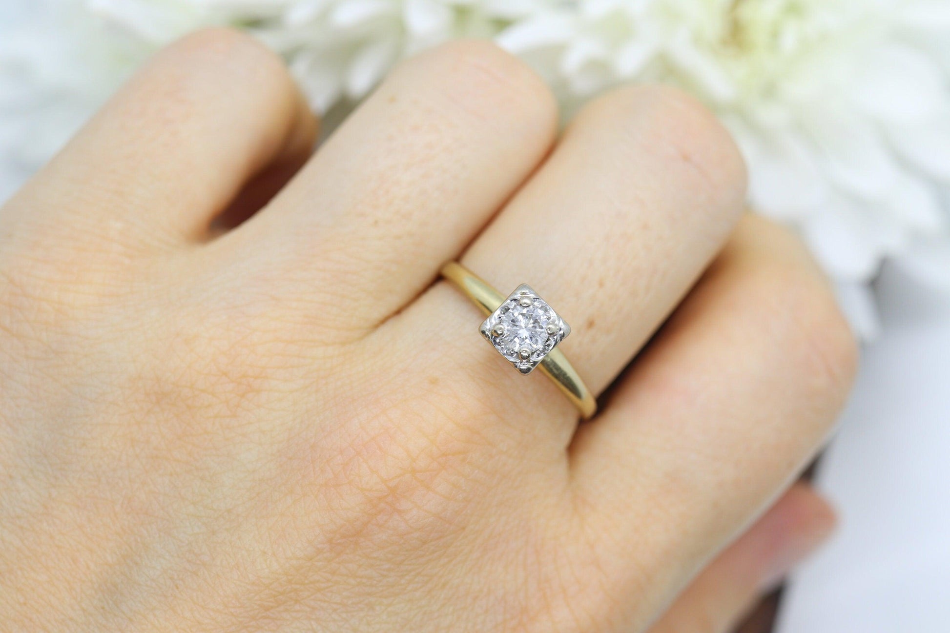 Art Deco Diamond Solitaire Square setting Ring. 14k Gold European Cut diamond