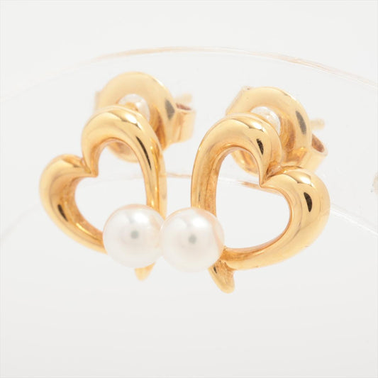 Mikimoto Earrings. 18k Yellow Gold Mikimoto Pearl Heart Stud Pierced Earrings.