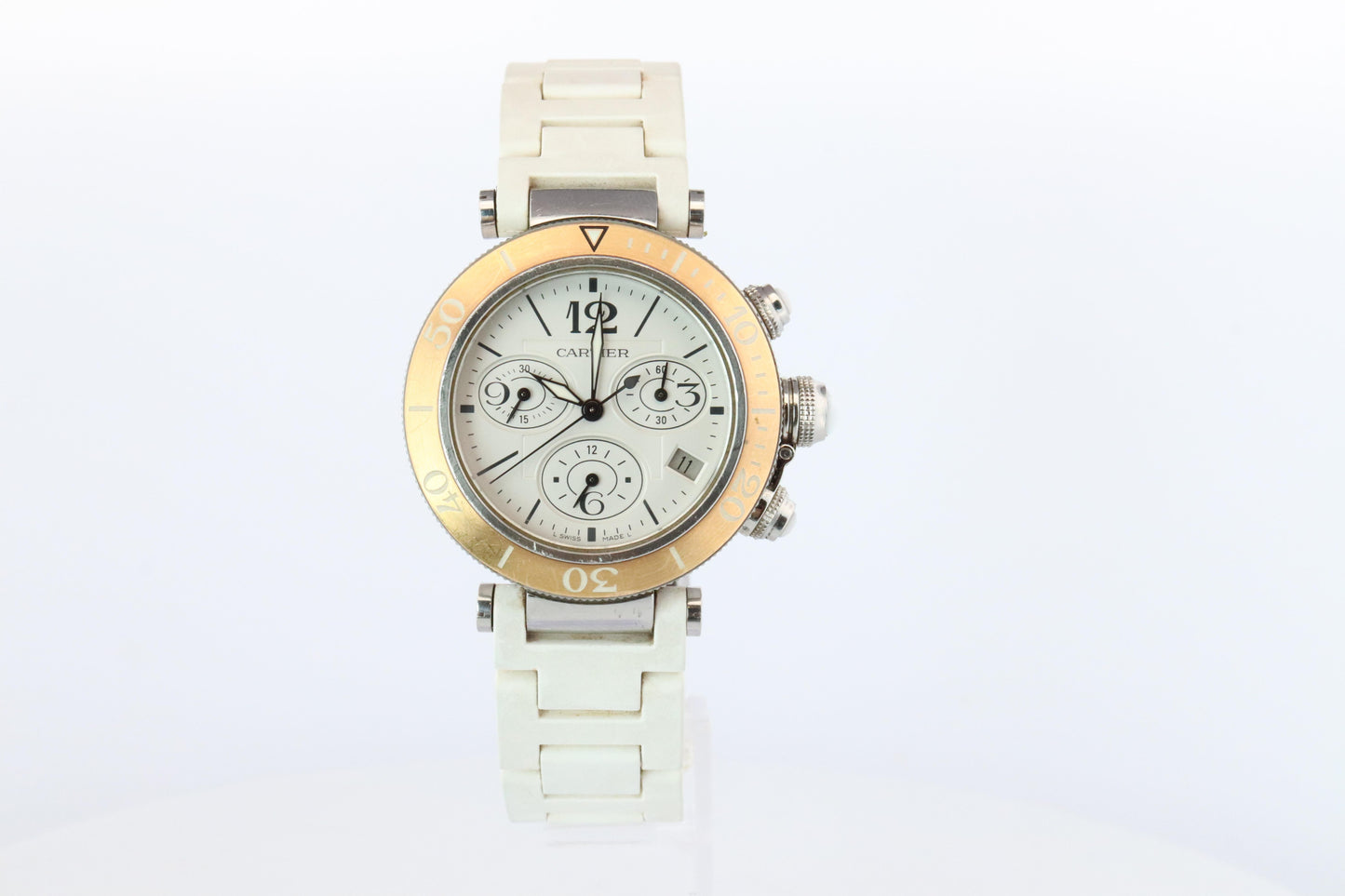 Vintage Cartier PASHA 38mm 3129 Chronograph. Rare White Dial W3140004.