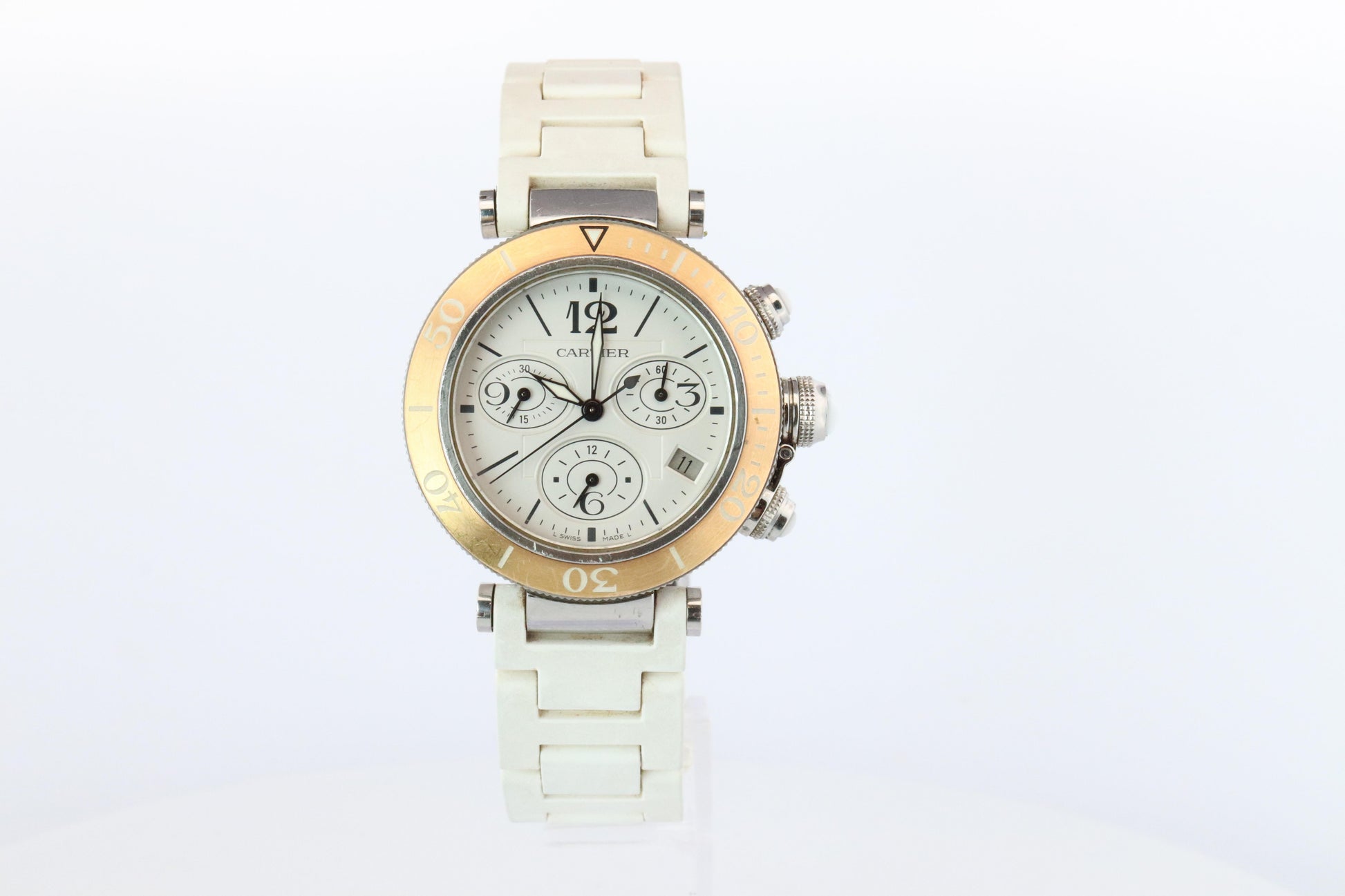 Vintage Cartier PASHA 38mm 3129 Chronograph. Rare White Dial W3140004.