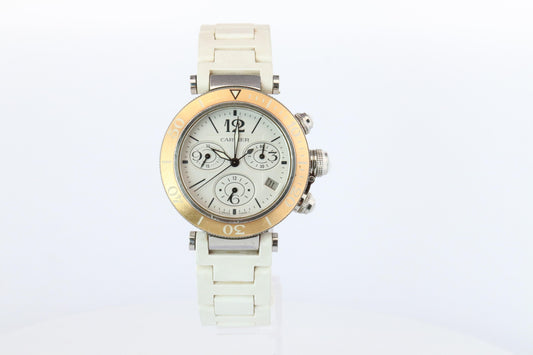 Vintage Cartier PASHA 38mm 3129 Chronograph. Rare White Dial W3140004.
