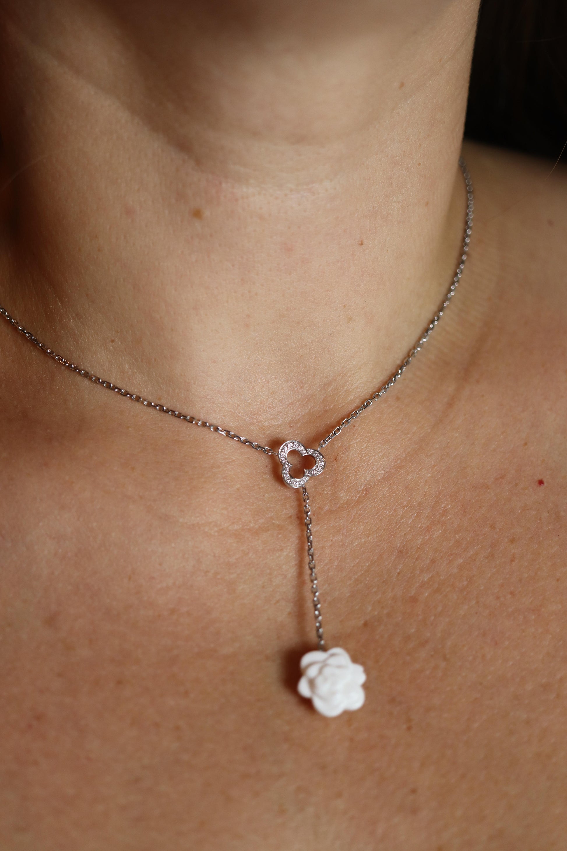 Chanel Camelia Necklace. Genuine CHANEL 18k 750 Camelia Chalcedony Drop Pendant.
