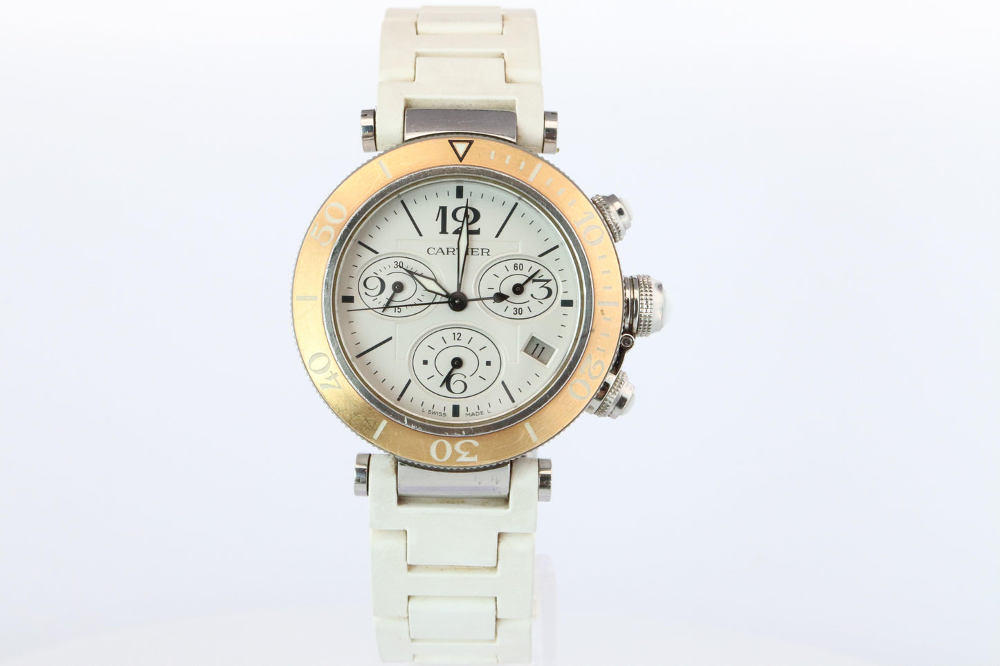 Vintage Cartier PASHA 38mm 3129 Chronograph. Rare White Dial W3140004.