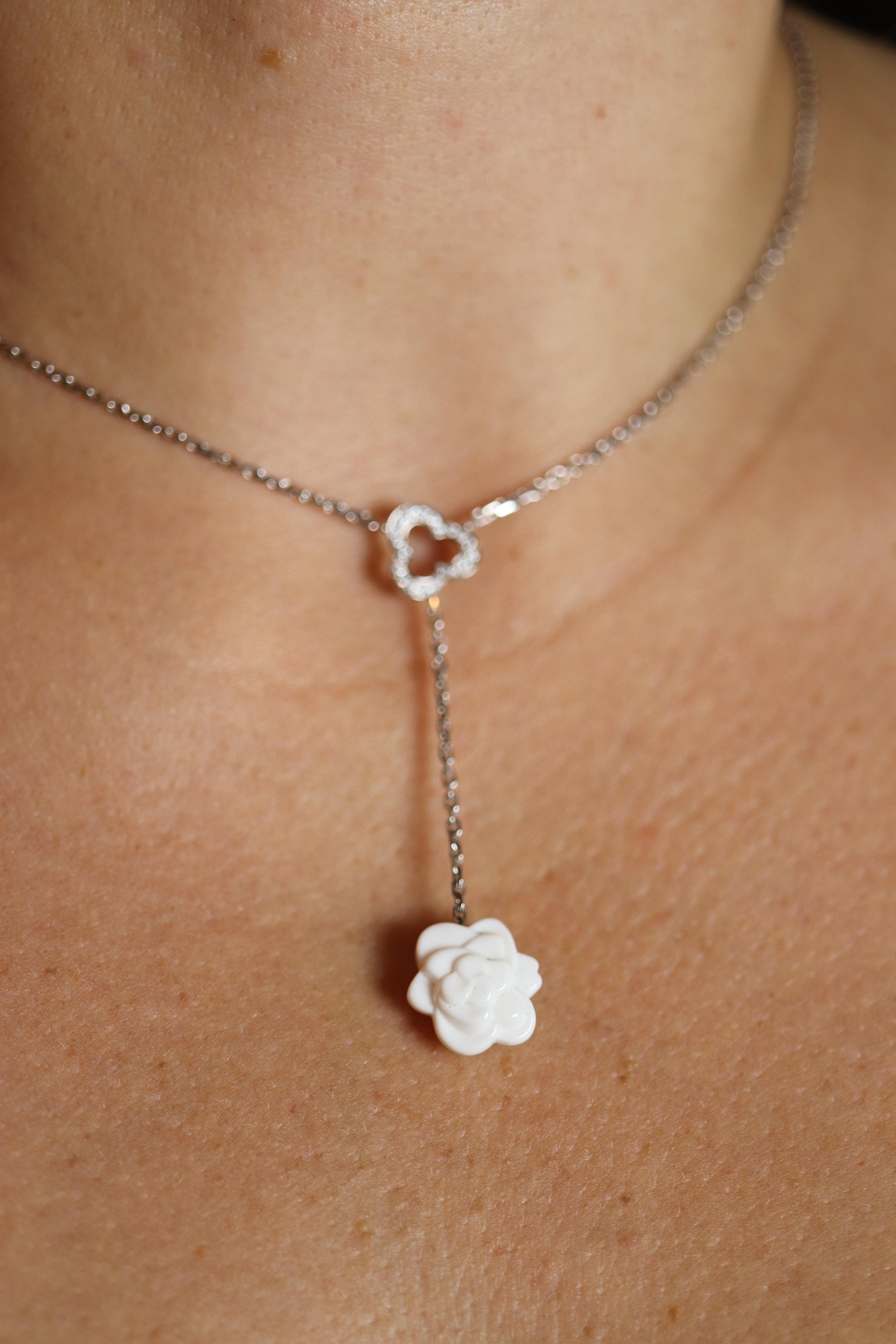 Chanel Camelia Necklace. Genuine CHANEL 18k 750 Camelia Chalcedony Drop Pendant.