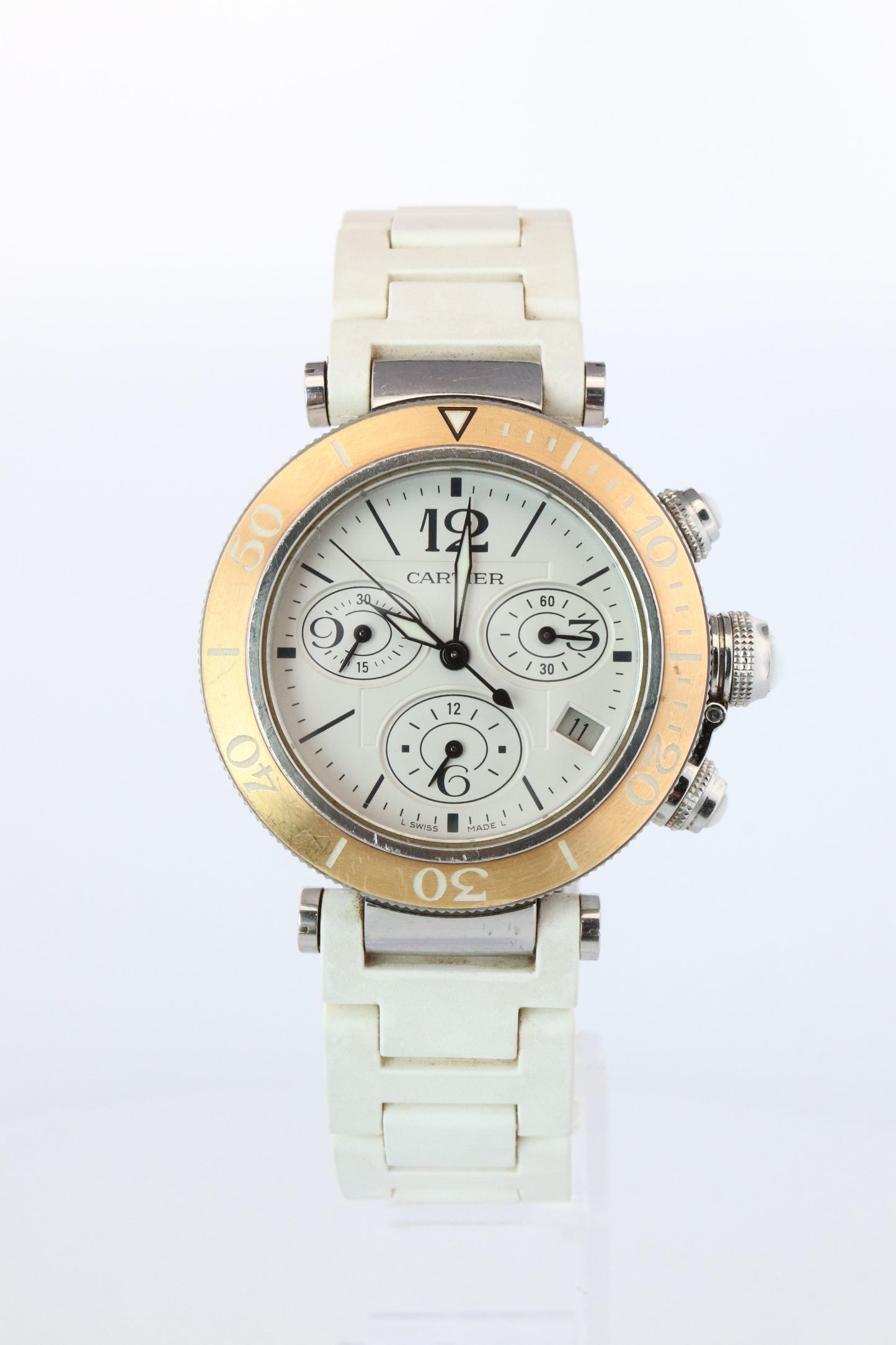 Vintage Cartier PASHA 38mm 3129 Chronograph. Rare White Dial W3140004.