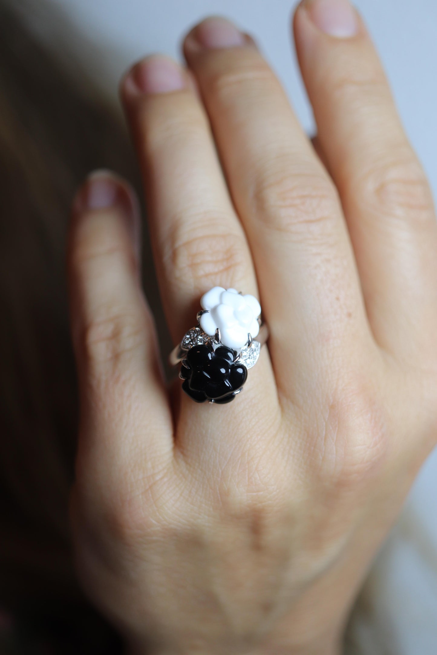 Chanel Camelia Ring. Genuine CHANEL 18k 750 Camelia Onyx Chalcedony Ring.
