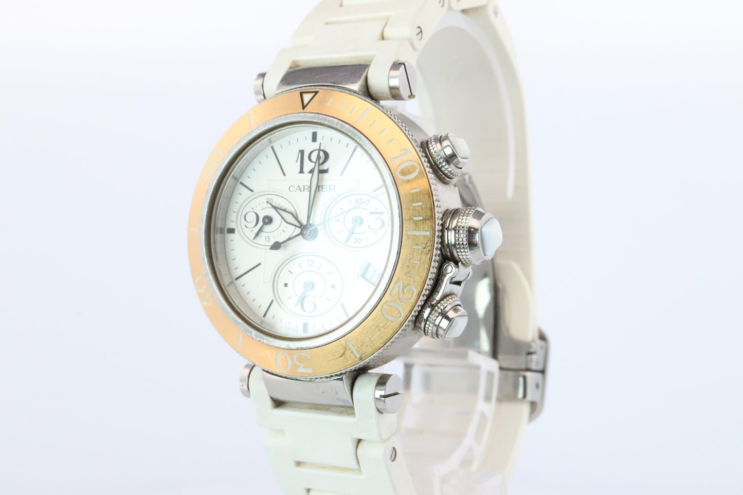 Vintage Cartier PASHA 38mm 3129 Chronograph. Rare White Dial W3140004.