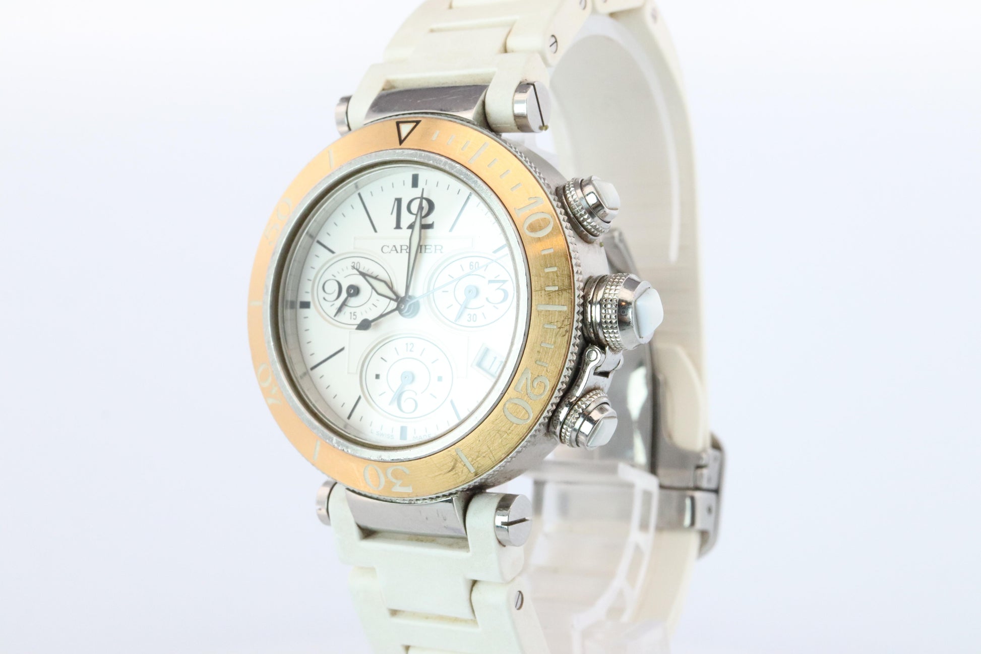 Vintage Cartier PASHA 38mm 3129 Chronograph. Rare White Dial W3140004.