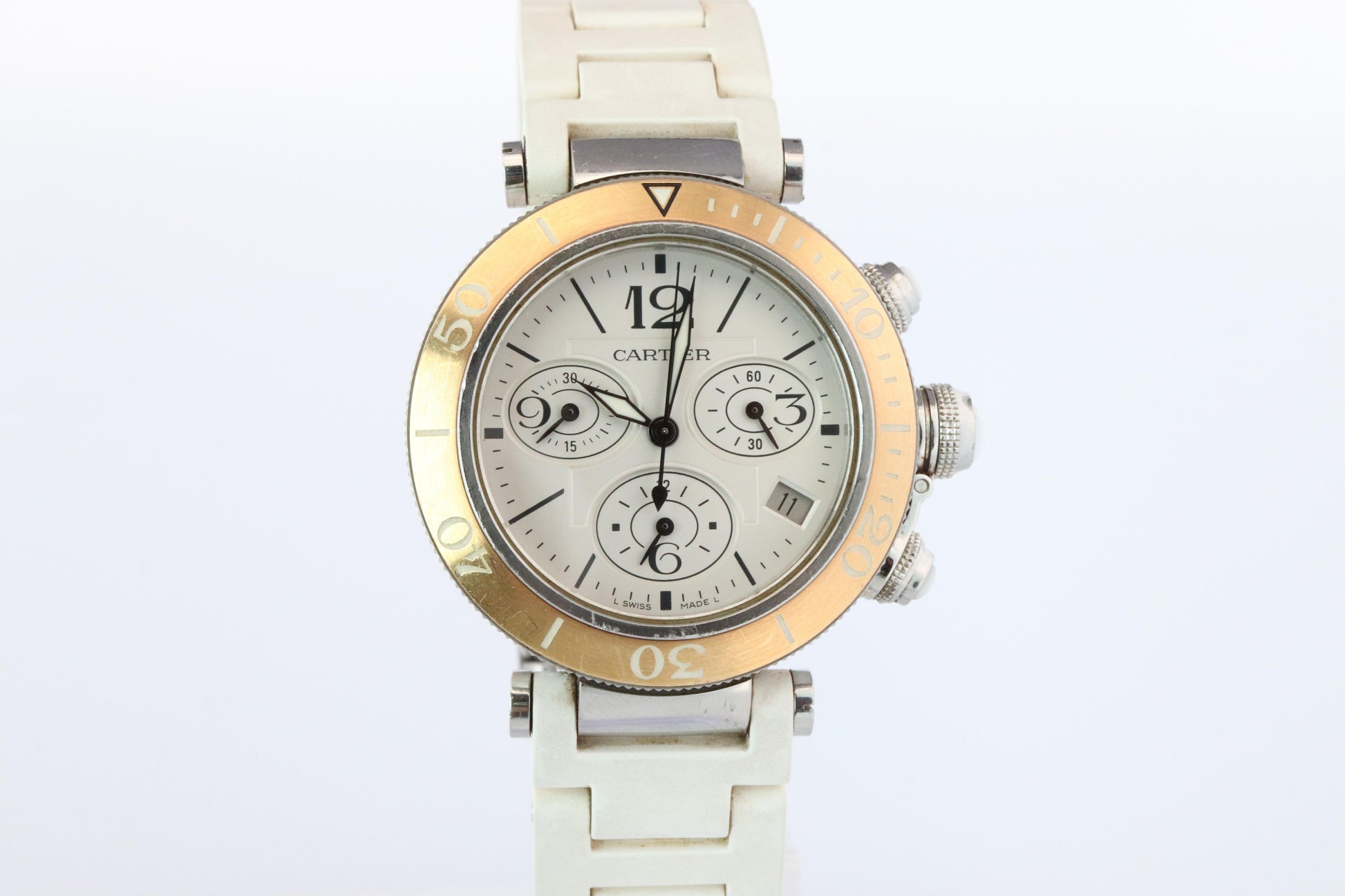 Vintage Cartier PASHA 38mm 3129 Chronograph. Rare White Dial W3140004.