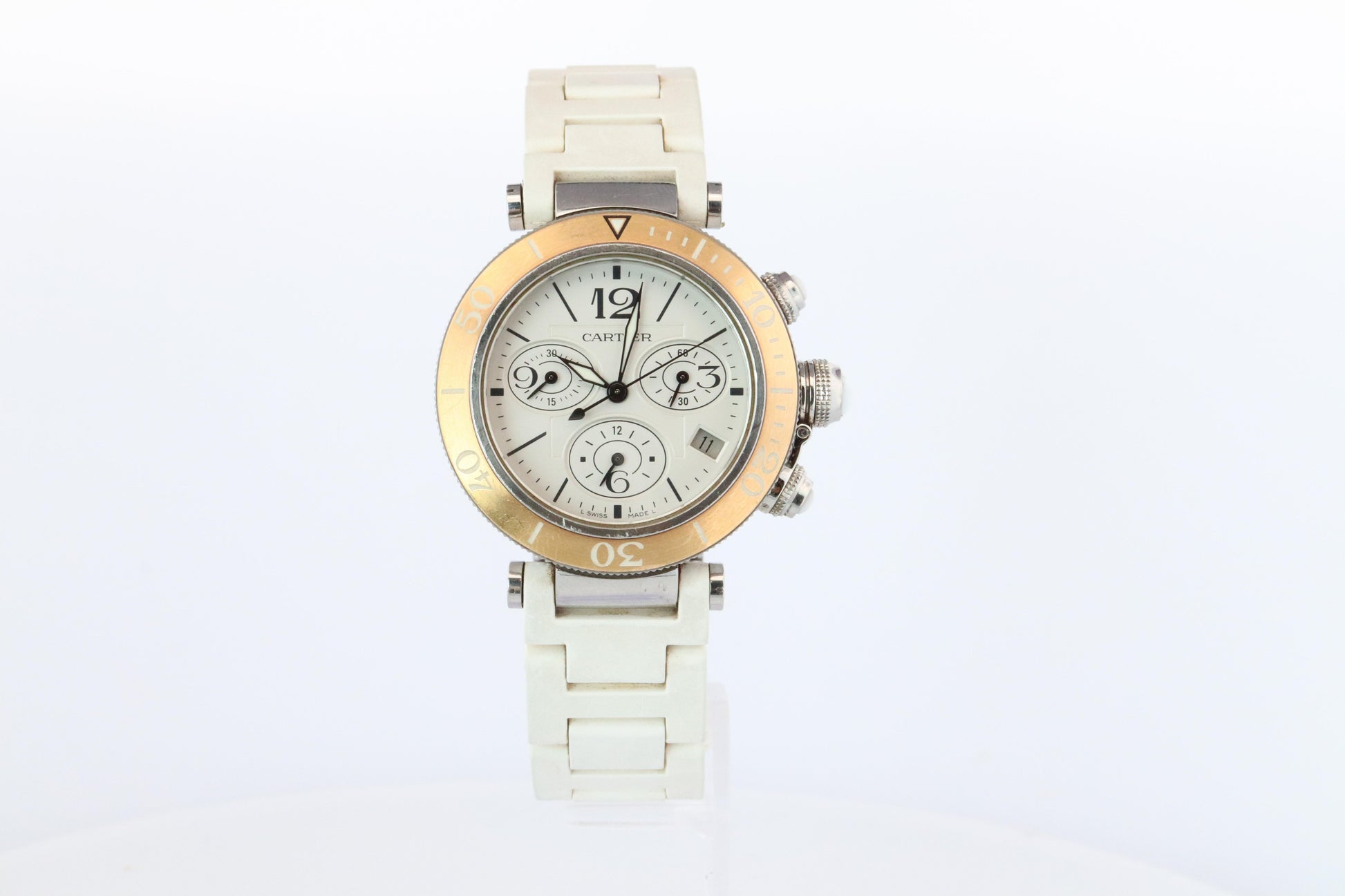 Vintage Cartier PASHA 38mm 3129 Chronograph. Rare White Dial W3140004.
