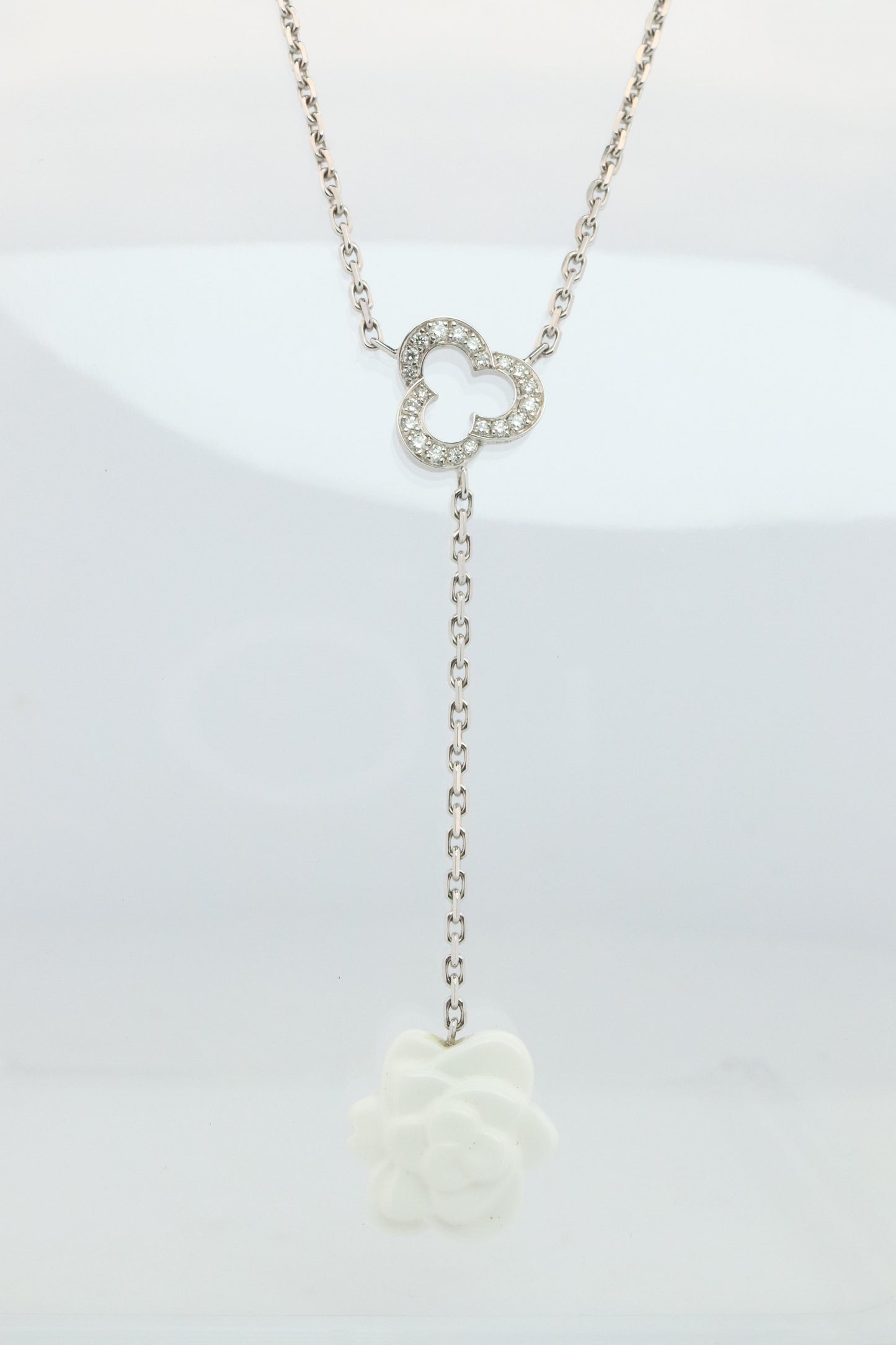 Chanel Camelia Necklace. Genuine CHANEL 18k 750 Camelia Chalcedony Drop Pendant.