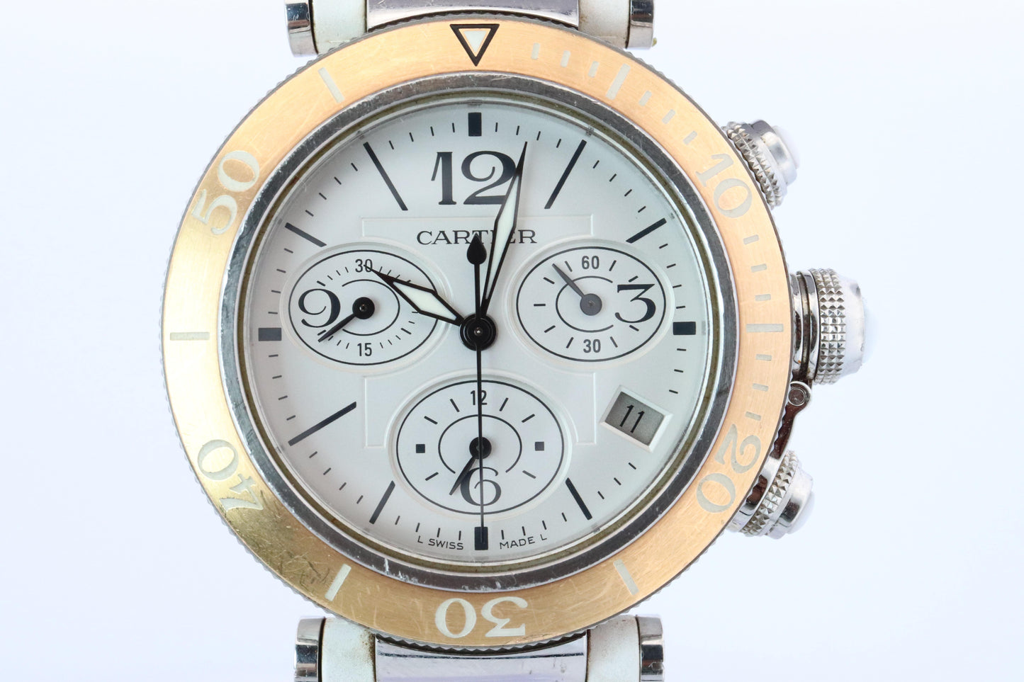 Vintage Cartier PASHA 38mm 3129 Chronograph. Rare White Dial W3140004.