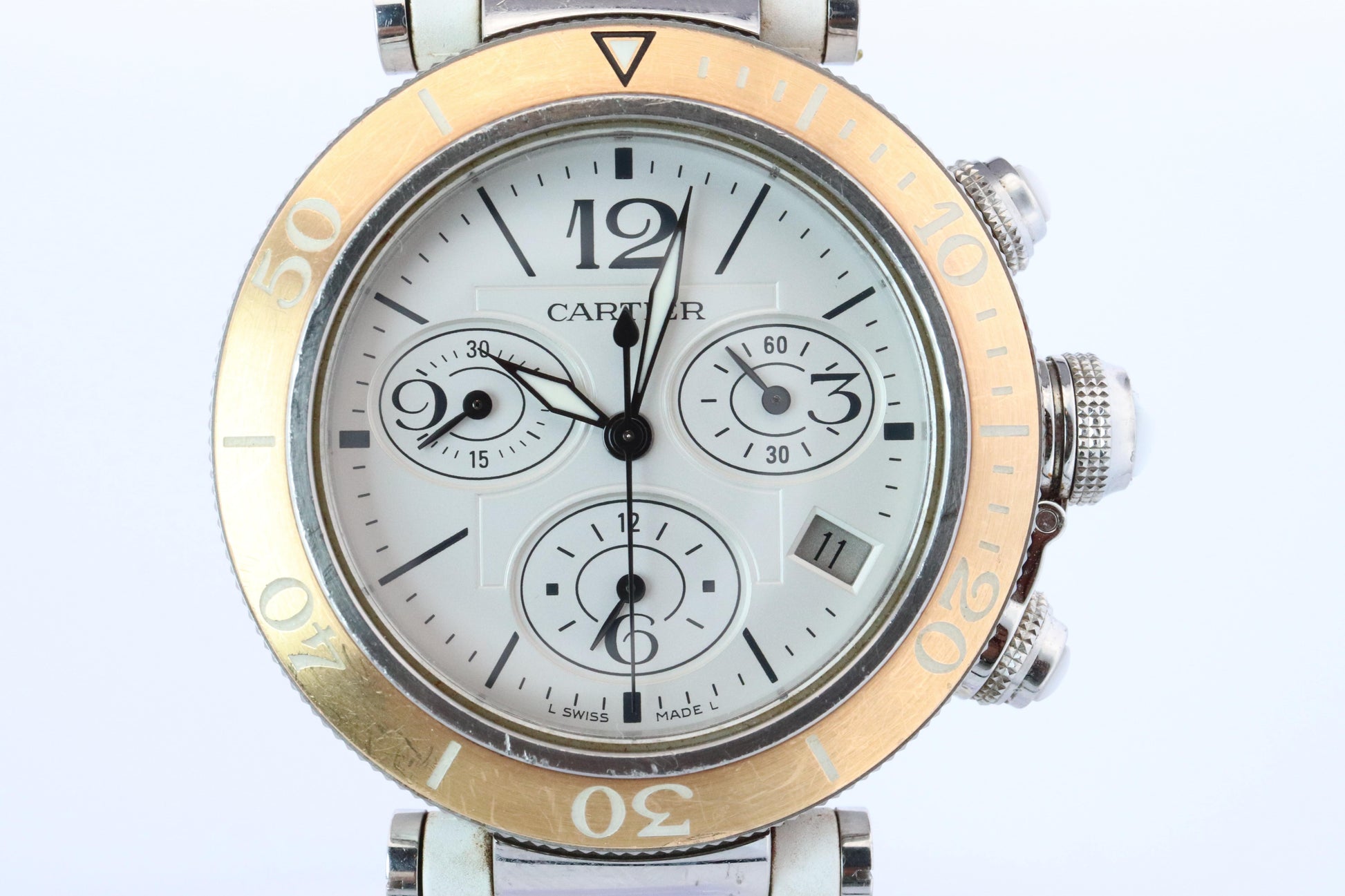 Vintage Cartier PASHA 38mm 3129 Chronograph. Rare White Dial W3140004.
