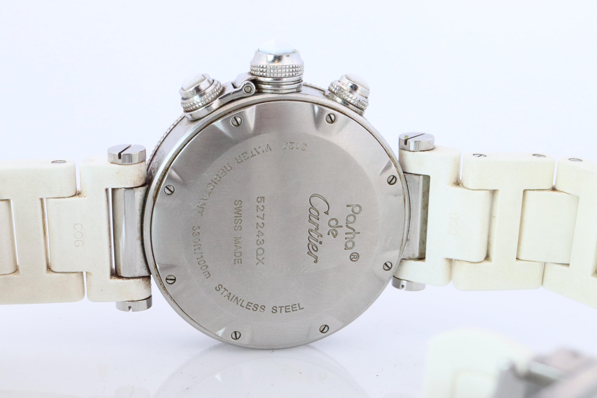 Vintage Cartier PASHA 38mm 3129 Chronograph. Rare White Dial W3140004.