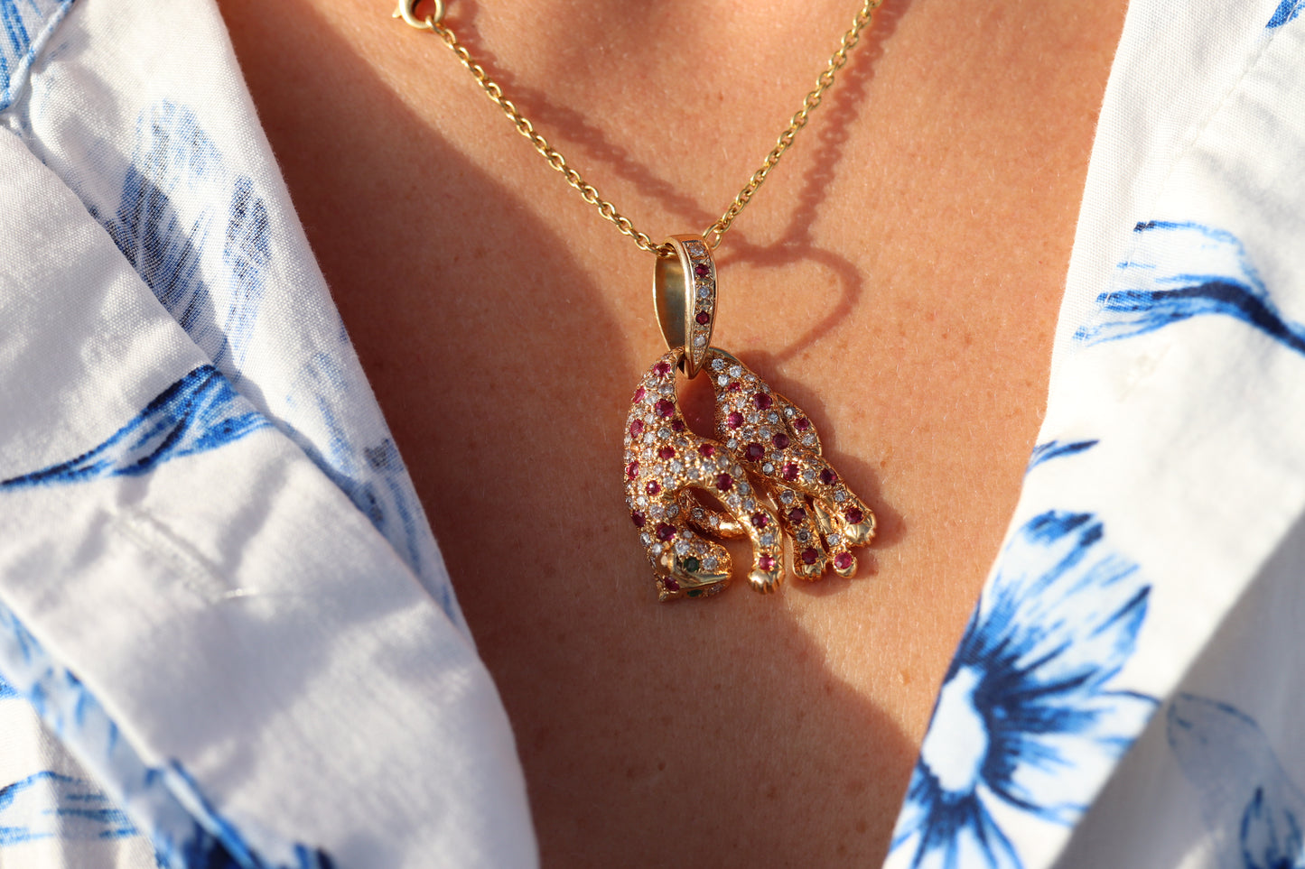 18k Panther Leopard Jaguar Cheetah Ruby Pendant. Encrusted Rubies and Diamonds.