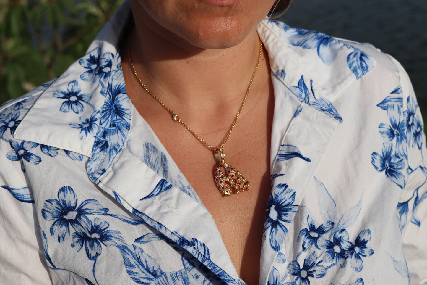 18k Panther Leopard Jaguar Cheetah Ruby Pendant. Encrusted Rubies and Diamonds.