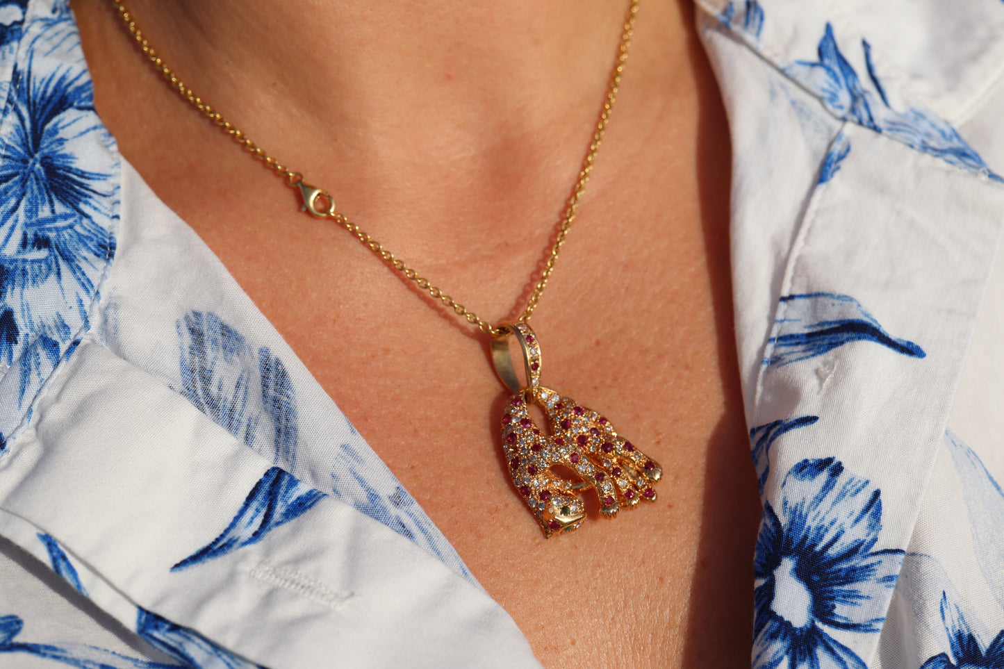 18k Panther Leopard Jaguar Cheetah Ruby Pendant. Encrusted Rubies and Diamonds.