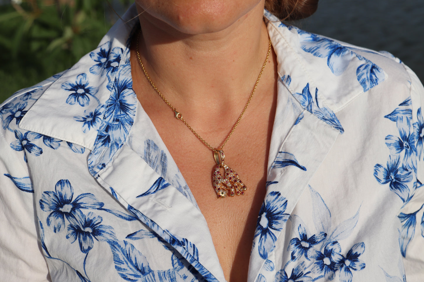 18k Panther Leopard Jaguar Cheetah Ruby Pendant. Encrusted Rubies and Diamonds.