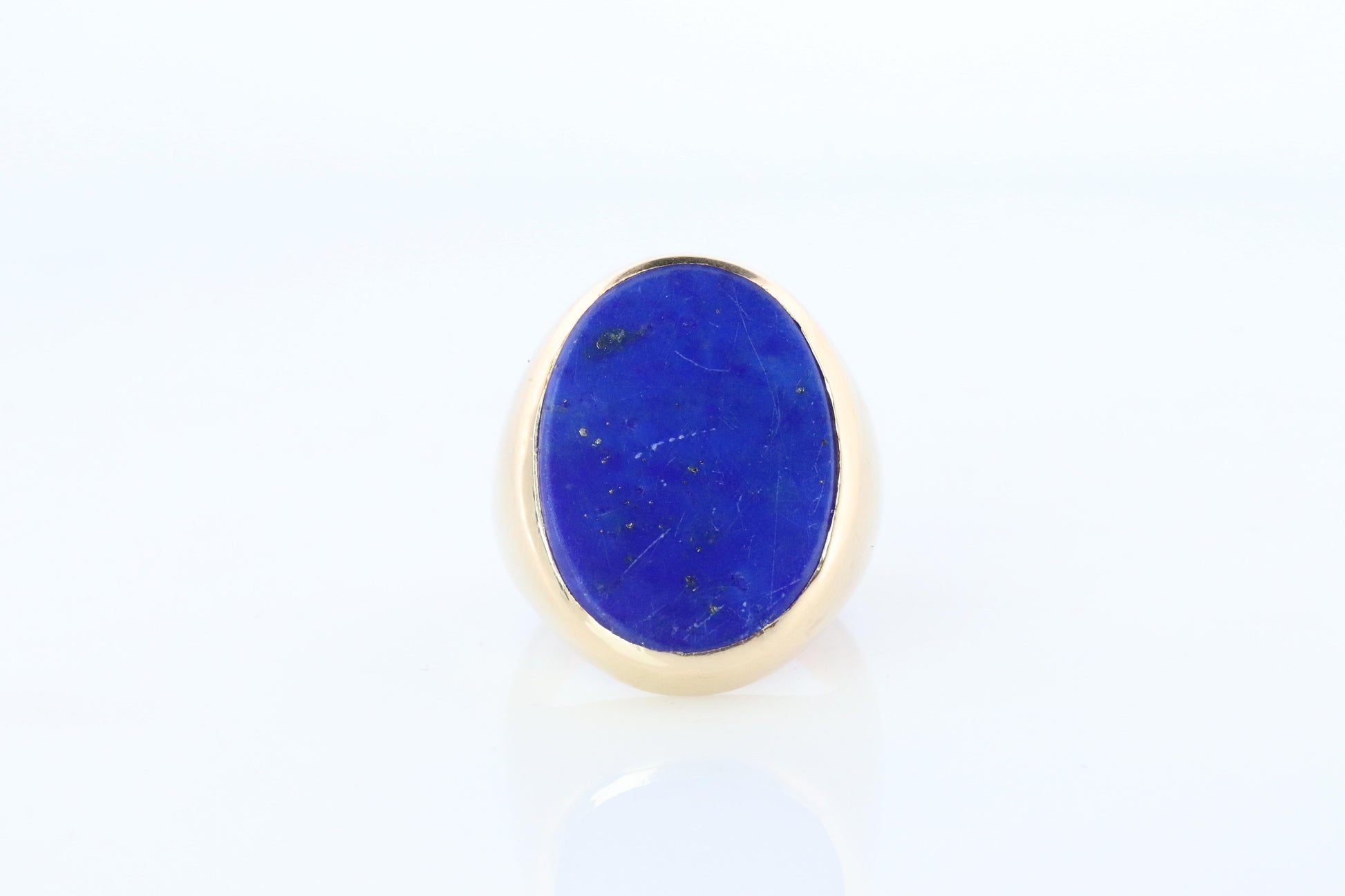 14k Gold Large Oval Lapis Lazuli ring. Unique Lapis Bezel set Signet ring.