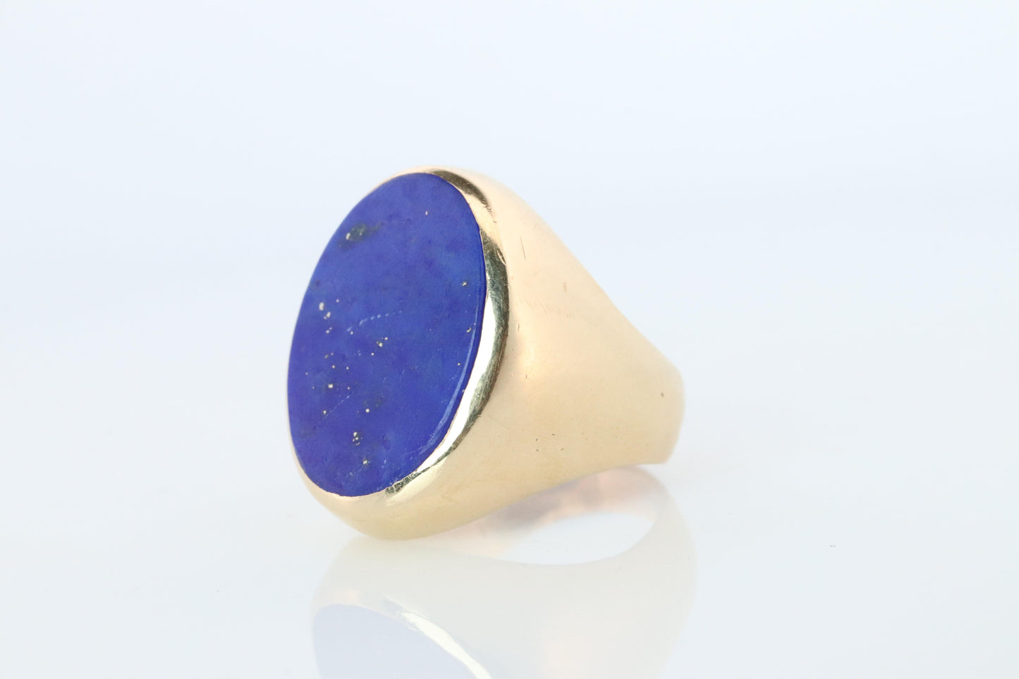 14k Gold Large Oval Lapis Lazuli ring. Unique Lapis Bezel set Signet ring.