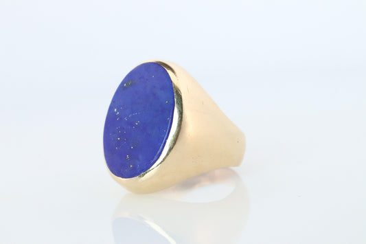 14k Gold Large Oval Lapis Lazuli ring. Unique Lapis Bezel set Signet ring.