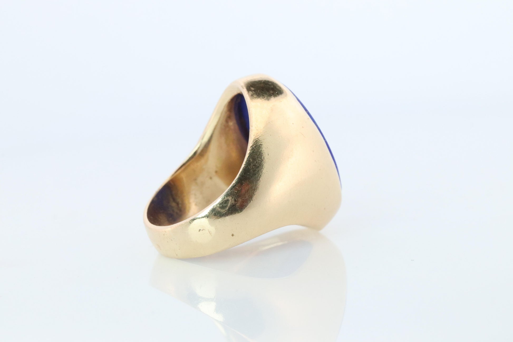 14k Gold Large Oval Lapis Lazuli ring. Unique Lapis Bezel set Signet ring.