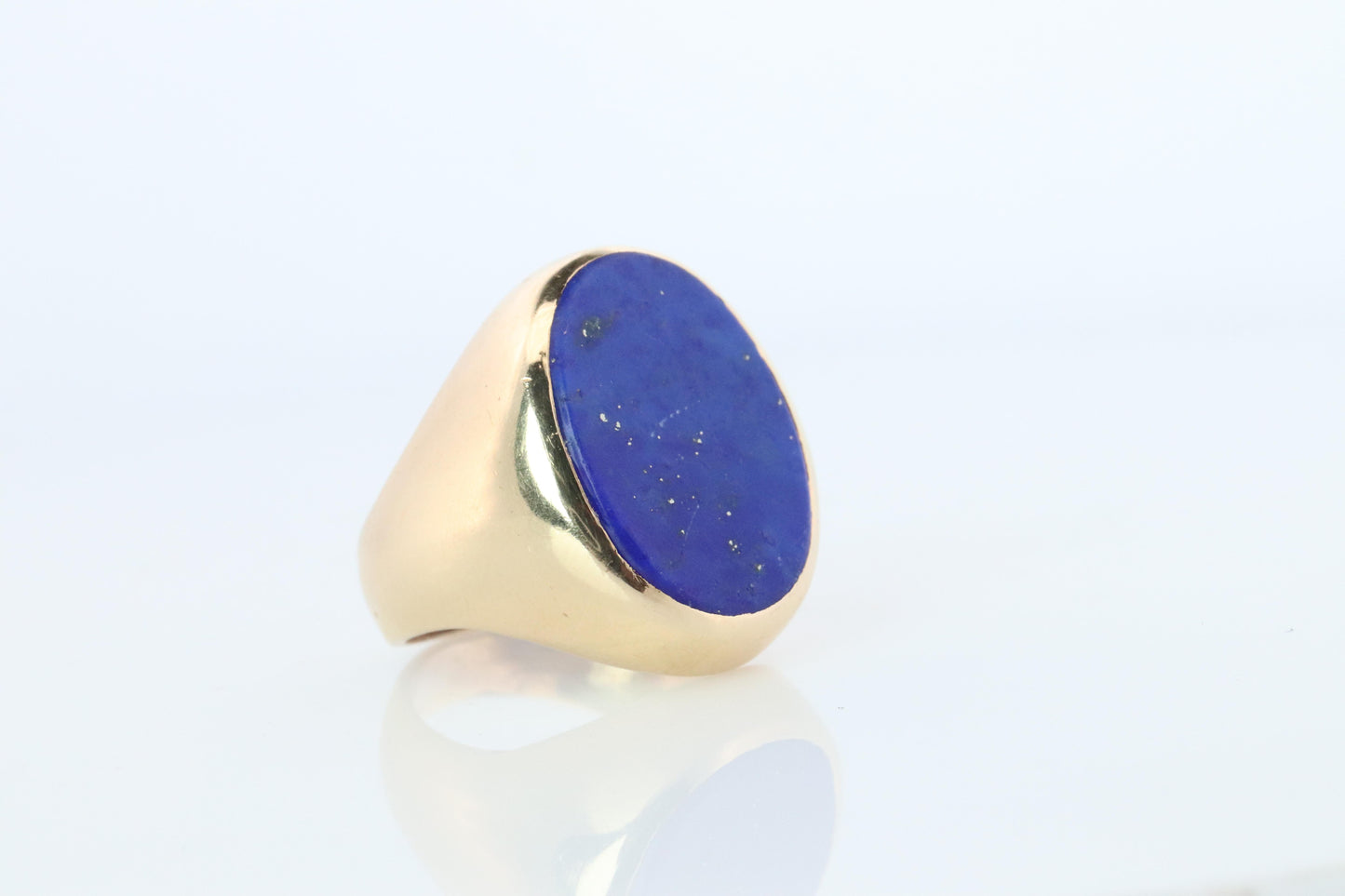 14k Gold Large Oval Lapis Lazuli ring. Unique Lapis Bezel set Signet ring.